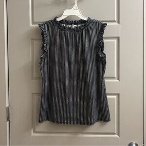 NY Collection Navy and White Ruffle-Sleeve Pleated Blouse